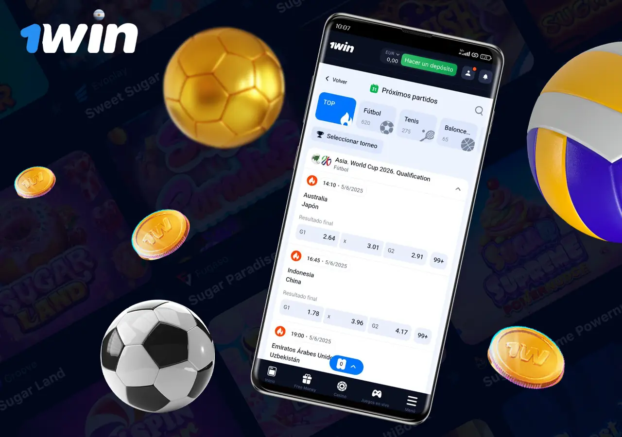 La app de 1win Argentina para apostar en fútbol, tenis, baloncesto, ciberdeportes y otros deportes populares.